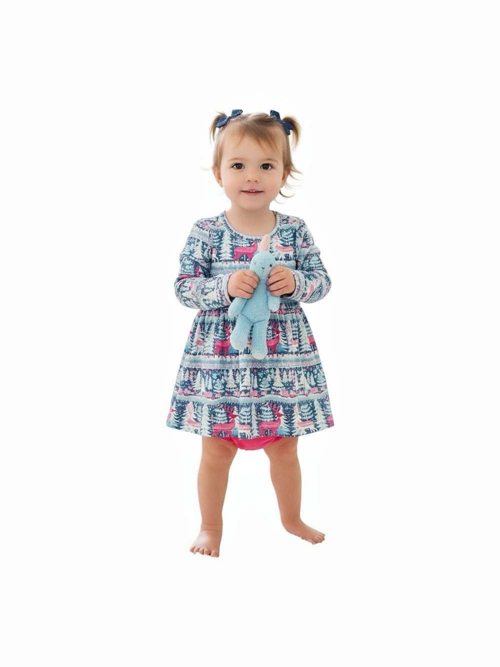 Pete + Lucy Printed Frozen Forest Long Sleeve Dress in Blue & Pink NWT